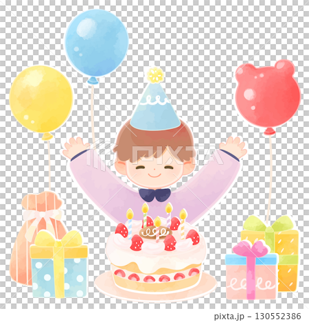 Smiling boy with birthday cake and present Smiling boy with birthday cake and present 130552386