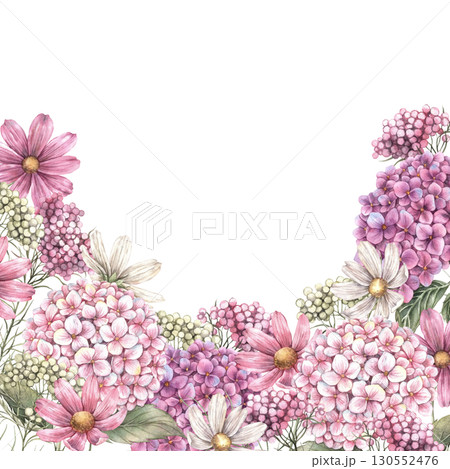 Flower arrangement of hydrangea, cosmos, small various flowers and herbs. Watercolor botanical illustration, suitable for greeting cards, wedding design, invitations, packaging and floristry. 130552476