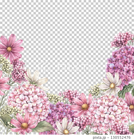 Flower arrangement of hydrangea, cosmos, small various flowers and herbs. Watercolor botanical illustration, suitable for greeting cards, wedding design, invitations, packaging and floristry. 130552476