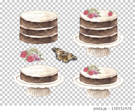 Cake with chocolate layers, white butter cream, flower and raspberry decoration on a stand. Watercolor set of illustrations related to cake, for confectioneries, bakeries, sweet products decoration. 130552478