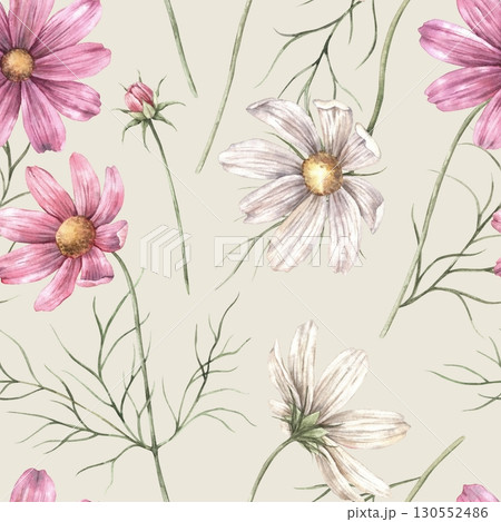 Pink and white cosmos flowers with green leaves. Watercolor botanical seamless pattern on light green background, suitable for wrapping paper, textile prints, various floral designs, floristry. 130552486