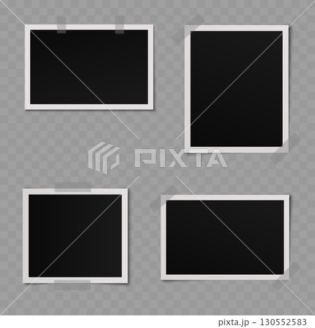 Realistic blank instant photo frames with adhesive tape mockup. Vector 130552583