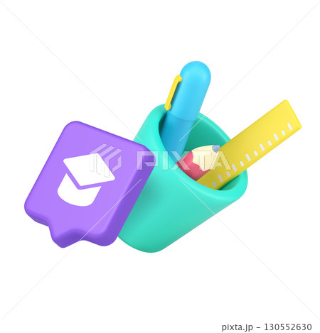 3d Realistic Icon Of Stationery Cup With Pen Pencil Ruler And Purple Book Speech Bubble For Education 3d Realistic Icon Of Stationery Cup With Pen Pencil Ruler And Purple Book Speech Bubble For Education 130552630