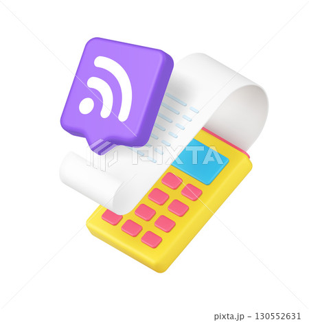 3d Realistic Icon Of Yellow Payment Terminal With Receipt And Purple Wireless Symbol For Contactless Transaction 3d Realistic Icon Of Yellow Payment Terminal With Receipt And Purple Wireless Symbol For Contactless Transaction 130552631