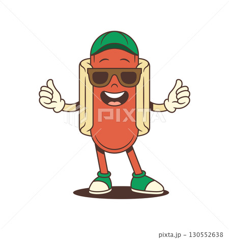 Confident Hotdog Mascot Wearing Sunglasses and Spreading Arms in Fun Friendly Pose Vector Illustration 130552638