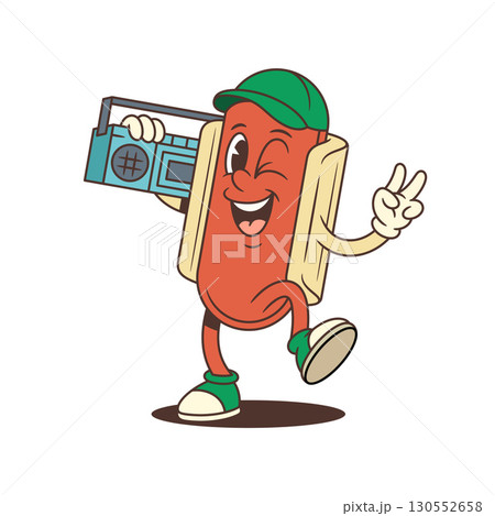 Cheerful Hotdog Mascot Winking with Boombox and Peace Sign Energetic Style Vector Illustration 130552658