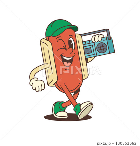 Energetic Hotdog Mascot Winking and Carrying Boombox on Shoulder Vector Illustration 130552662