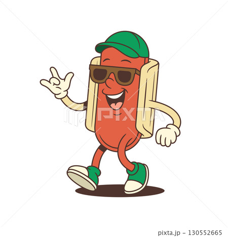 Confident Retro Hotdog Mascot Giving Thumbs Up in Sunglasses and Sneakers Vector Illustration 130552665