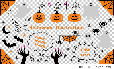 ハロウィンのイラスト素材。ハロウィーンに使えるフレームや装飾。あしらいセット ハロウィンのイラスト素材。ハロウィーンに使えるフレームや装飾。あしらいセット 130552666