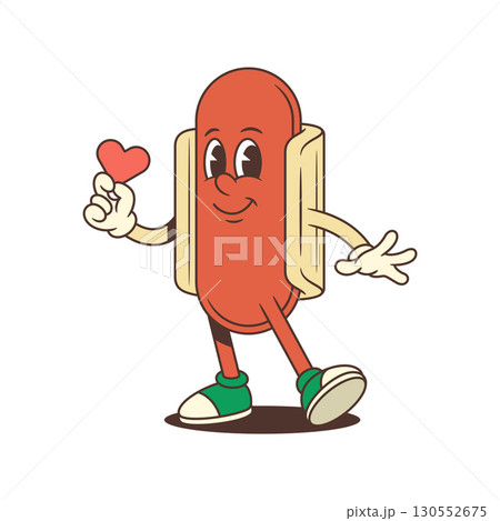 Retro Hotdog Mascot Holding Heart and Waving with Cheerful Smile Vector Illustration Retro Hotdog Mascot Holding Heart and Waving with Cheerful Smile Vector Illustration 130552675