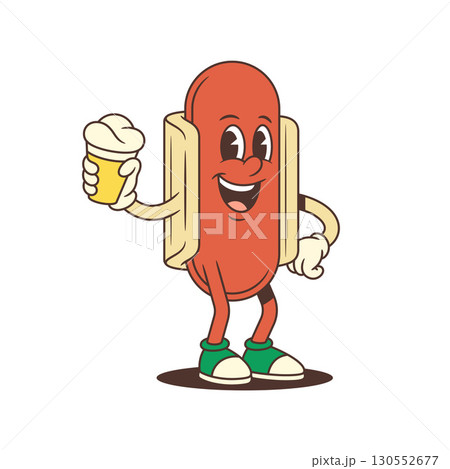 Joyful Hotdog Mascot Holding Ice Cream Cone with Energetic Pose Vector Illustration 130552677