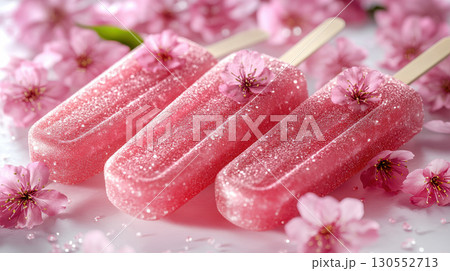 Homemade ice cream popsicles cherry and cherry blossoms in the background ,vegan raspberry coconut milk, yogurt, milk seasonal berries fruits ice cream 130552713