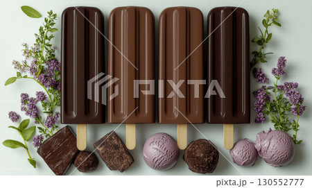 White, dark and milk chocolate on stick, creamy with almond and hazelnuts. Modern minimal food photography summer dessert vibes. 130552777