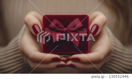 Woman hands holding red luxury gift satin ribbon, shopping Valentines, New Year, Mothers, Christmas Woman hands holding red luxury gift satin ribbon, shopping Valentines, New Year, Mothers, Christmas 130552946