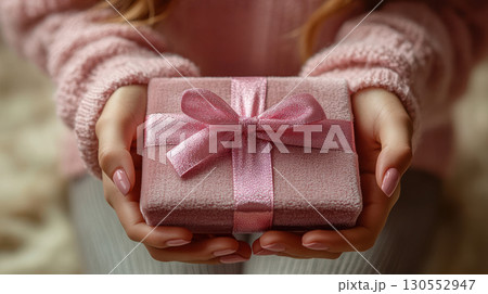 Woman hands holding pink gift satin ribbon, shopping Valentines, New Year, Mothers, Christmas Woman hands holding pink gift satin ribbon, shopping Valentines, New Year, Mothers, Christmas 130552947