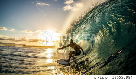 Surfer in Tube Wave at Sunrise 130552984