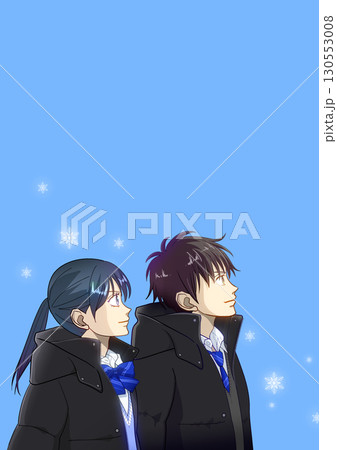きらめく雪の結晶、冬の学生たちのアニメ風イラスト、右上に余白 きらめく雪の結晶、冬の学生たちのアニメ風イラスト、右上に余白 130553008