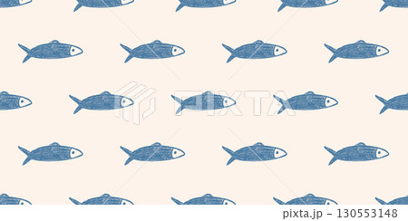 Crayon fish seamless pattern. Sardines hand drawn endless background. Nautical repeat cover. Sea continuous ornament. Surface pattern design water motif. Vector simple illustration 130553148