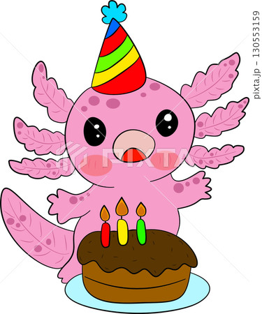 Pink axolotl with chocolate cake Happy birthday 130553159