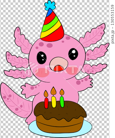 Pink axolotl with chocolate cake Happy birthday 130553159