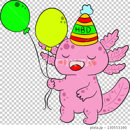 Pink axolotl holding a Happy Birthday balloon Pink axolotl holding a Happy Birthday balloon 130553160