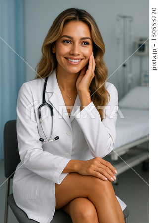 AI generated portrait of a smiling Latin female doctor in white lab coat seated in hospital room with warm expression professional atmosphere and gentle approachable mood 130553220