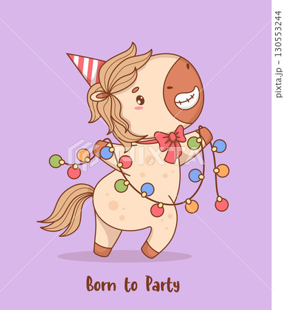 Happy Little Pony in Birthday Cap with Garland. Funny Festive kawaii animal. Vector illustration. Holiday cool card. 2026 Eastern calendar, Horse symbol year. Not AI Happy Little Pony in Birthday Cap with Garland. Funny Festive kawaii animal. Vector illustration. Holiday cool card. 2026 Eastern calendar, Horse symbol year. Not AI 130553244