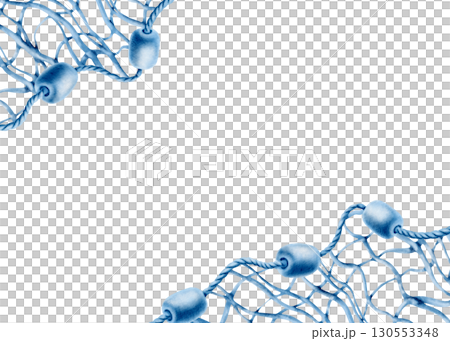 Diagonal marine template buoys made of foam on a twisted rope with a fishing net in a monochrome watercolor illustration for decorating marine-themed parties and fish restaurants.Hand-drawn clipart 130553348