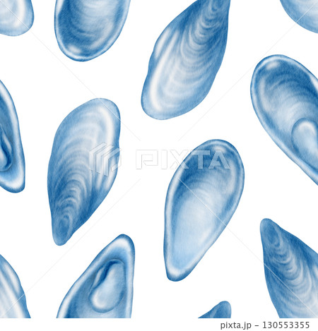 Seamless pattern of mussel shells in blue monochrome hand-painted watercolor illustration on a white background. Bivalve mollusks as a symbol of marine life,design element for menus and restaurants 130553355