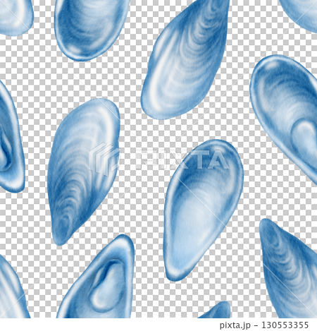 Seamless pattern of mussel shells in blue monochrome hand-painted watercolor illustration on a white background. Bivalve mollusks as a symbol of marine life,design element for menus and restaurants 130553355