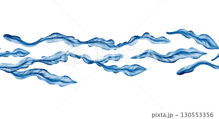 Seamless border of stylized laminaria kelp sways in a serene blue underwater wild world.Simple watercolor textures in monochrome.Peaceful marine ambiance,for oceanic designs and themed parties 130553356