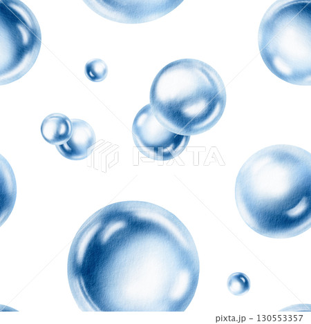Seamless pattern of delicate air bubbles float in a serene aquatic dance,captured in soft blue watercolor monochrome.For ocean-inspired projects.Hand drawn illustration for aquatic template 130553357