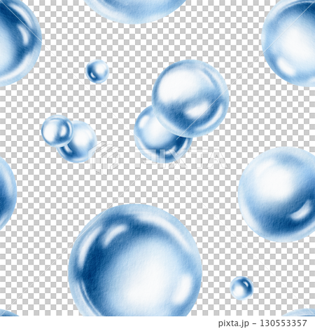 Seamless pattern of delicate air bubbles float in a serene aquatic dance,captured in soft blue watercolor monochrome.For ocean-inspired projects.Hand drawn illustration for aquatic template 130553357