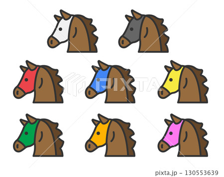 色別のマスクを付けた、競走馬の横顔のアイコン（線画カラー）のイラスト 130553639