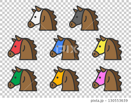 色別のマスクを付けた、競走馬の横顔のアイコン（線画カラー）のイラスト 130553639