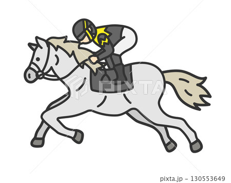 横から見た、走っている芦毛の競走馬（線画カラー）のイラスト 130553649
