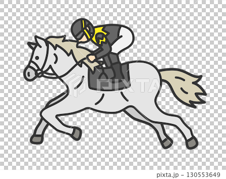 横から見た、走っている芦毛の競走馬（線画カラー）のイラスト 130553649
