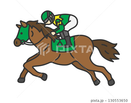 横から見た、走っている、マスクを付けた競走馬（線画カラー）のイラスト 130553650