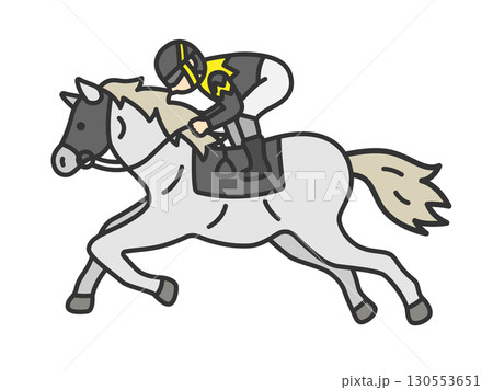 走っている、マスクを付けた芦毛の競走馬（線画カラー）のイラスト 130553651