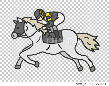 走っている、マスクを付けた芦毛の競走馬（線画カラー）のイラスト 130553651