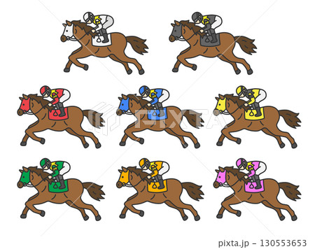 枠番別の、マスクを付けた競走馬（線画カラー）のイラストセット 130553653