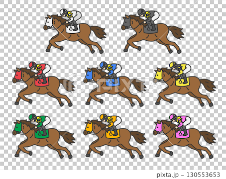 枠番別の、マスクを付けた競走馬（線画カラー）のイラストセット 130553653