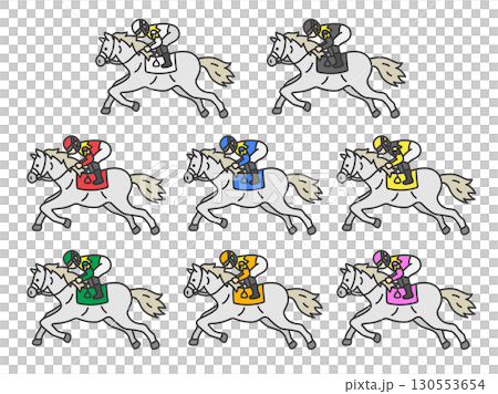 枠番別の、芦毛の競走馬（線画カラー）のイラストセット 130553654