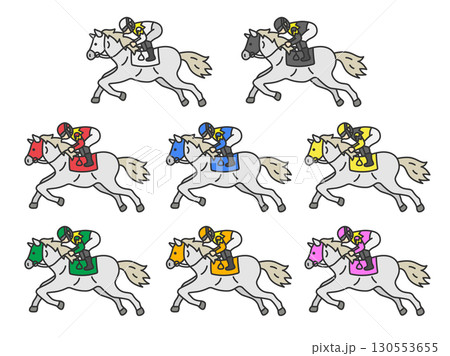 枠番別の、マスクを付けた、芦毛の競走馬（線画カラー）のイラストセット 130553655