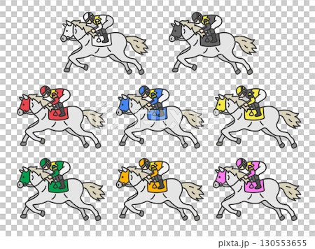 枠番別の、マスクを付けた、芦毛の競走馬（線画カラー）のイラストセット 130553655