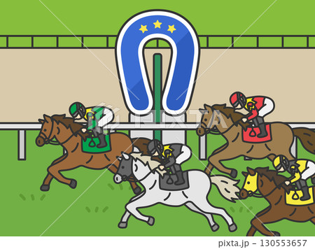 競馬のゴールシーン（線画カラー）のイラスト 130553657