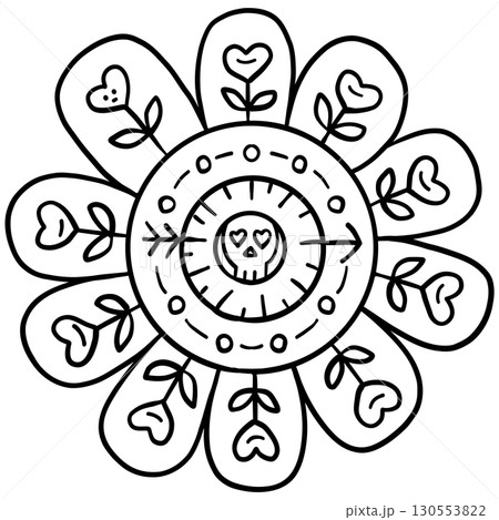 halloween cute cartoon. Black and white floral mandala with heart-shaped petals and skull center. In groovy boho halloweeen doodle line graphic 130553822