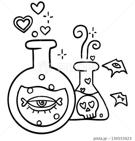 halloween cute cartoon. Two love potion flask with magical symbols and hearts floating above. 130553823