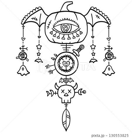 halloween cute cartoon. Abstract black and white mystical totem with symbolic elements and hanging charms. In groovy boho halloweeen doodle line graphic 130553825