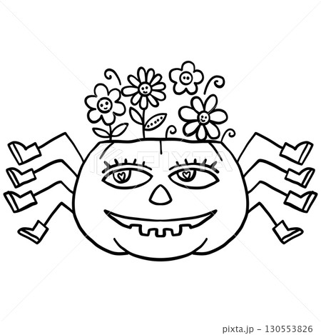 halloween cute cartoon. Cartoon spider with a smiling jack-o'-lantern head and flowers growing from it. In groovy boho halloweeen doodle line graphic 130553826